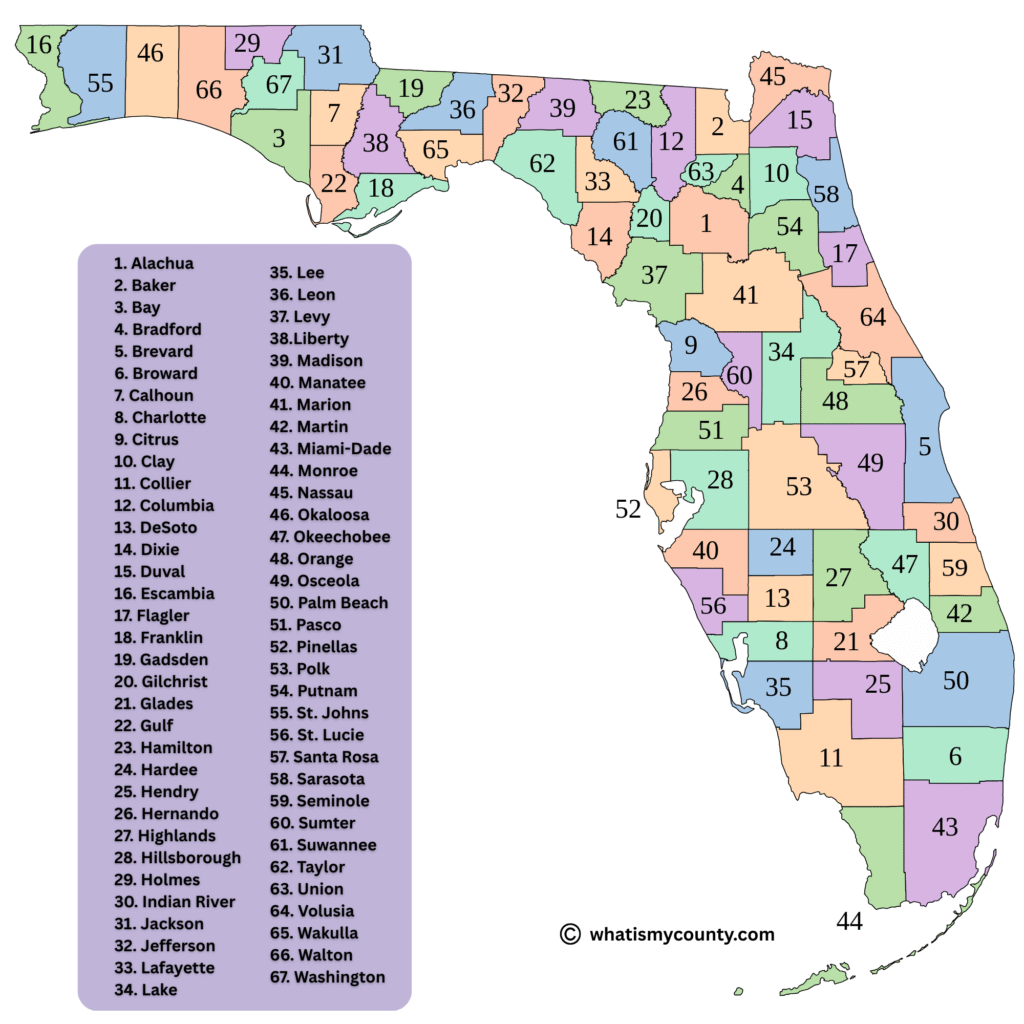 Florida map with counties list